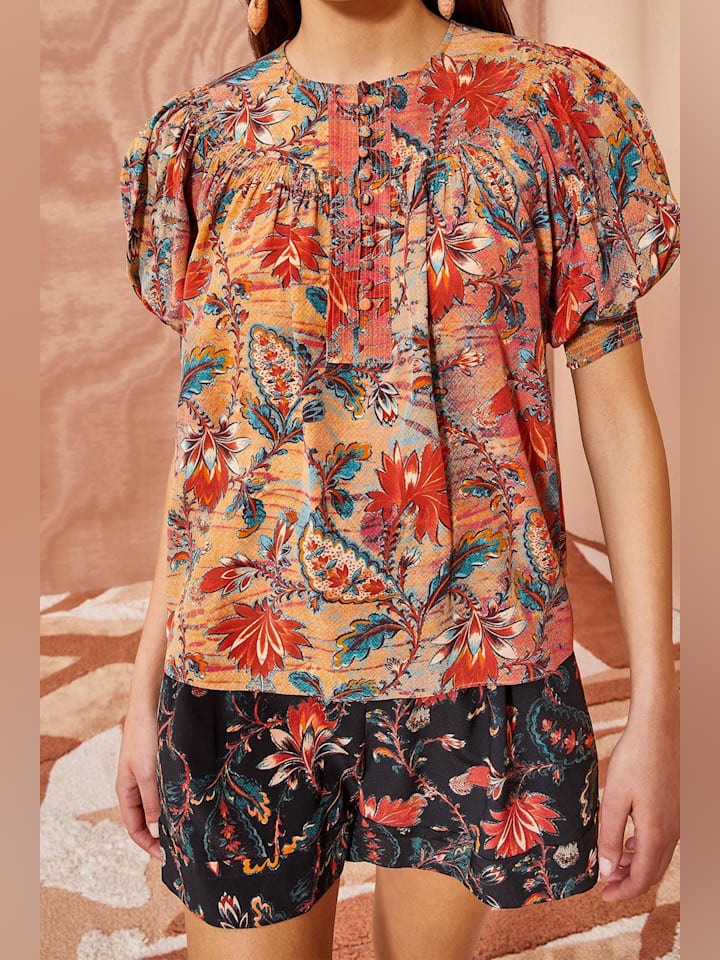 Ulla Johnson Dina Top In Coral Bloom Size 2 Puff Sleeve Bib Collar 100% Silk